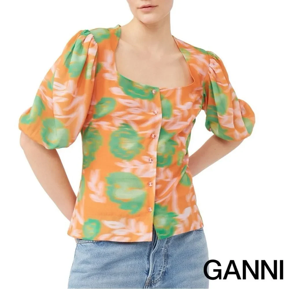 GANNI **NWT** Button-Up Puff Sleeve Crepe Blouse Vibrant Orange / Green Floral - Picture 9 of 16